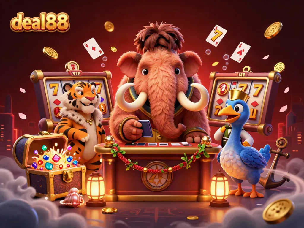 Engage with deal88 casino action featuring a vibrant mammoth bouncer and VIP guests amidst slot game excitement.