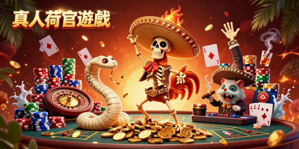 Experience the thrilling 僳人荷官遊戲 with lively characters in a dynamic casino scene.