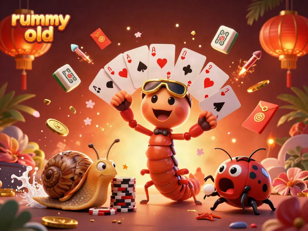 Engage in rummy old gameplay with a vibrant 3D illustration featuring a millipede dealer, exciting card fanning action, and a dynamic casino atmosphere.