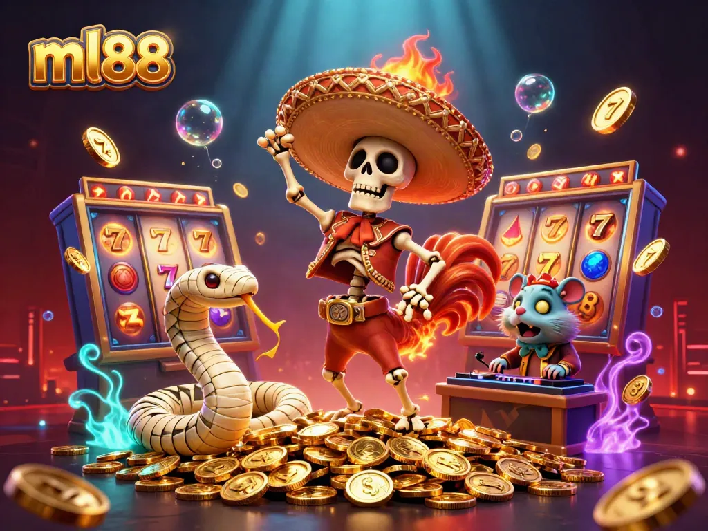 Experience the thrill of ml88's dynamic casino action with vibrant 3D characters celebrating on golden coins.