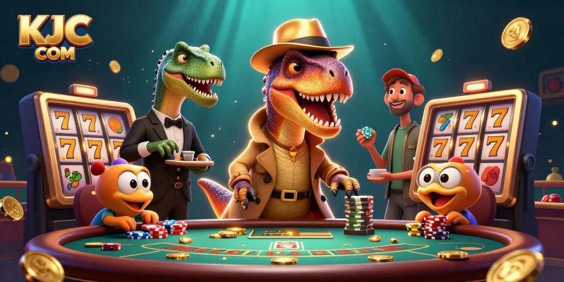 KJC COM showcases a dynamic blackjack scene with a velociraptor and stegosaurus amidst vibrant casino elements.