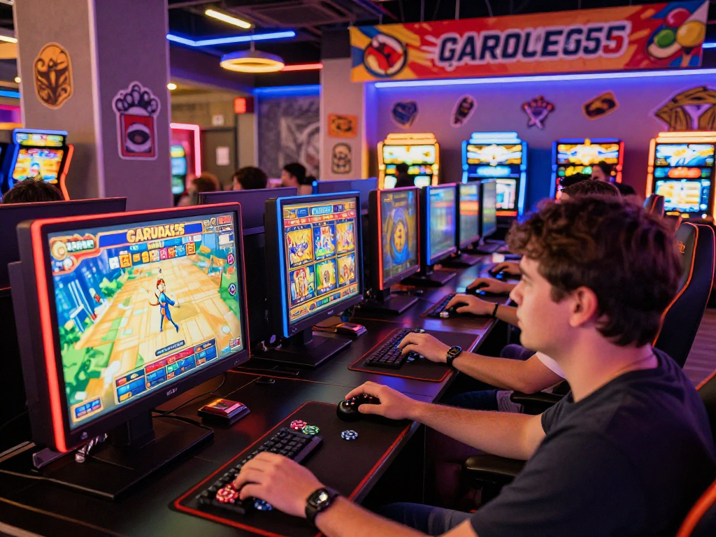Exciting GARUDA55 online slot gaming scene with players immersed in colorful slot machines and vibrant atmosphere.