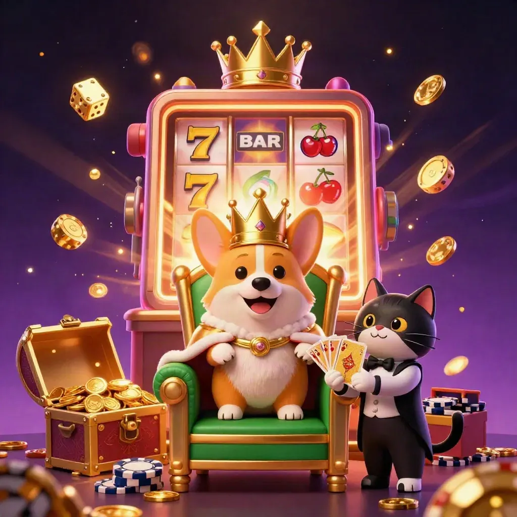 Royal corgi and cat butler amid slot reels, gold, and jackpot bursts