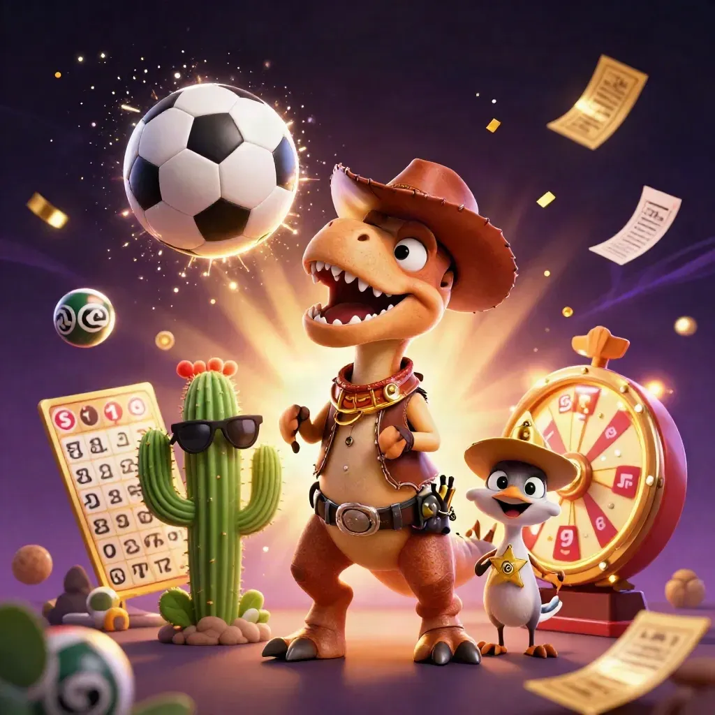 T-Rex cowboy, cactus sidekick and roadrunner amid casino balls, wheel, tickets and gold sparks