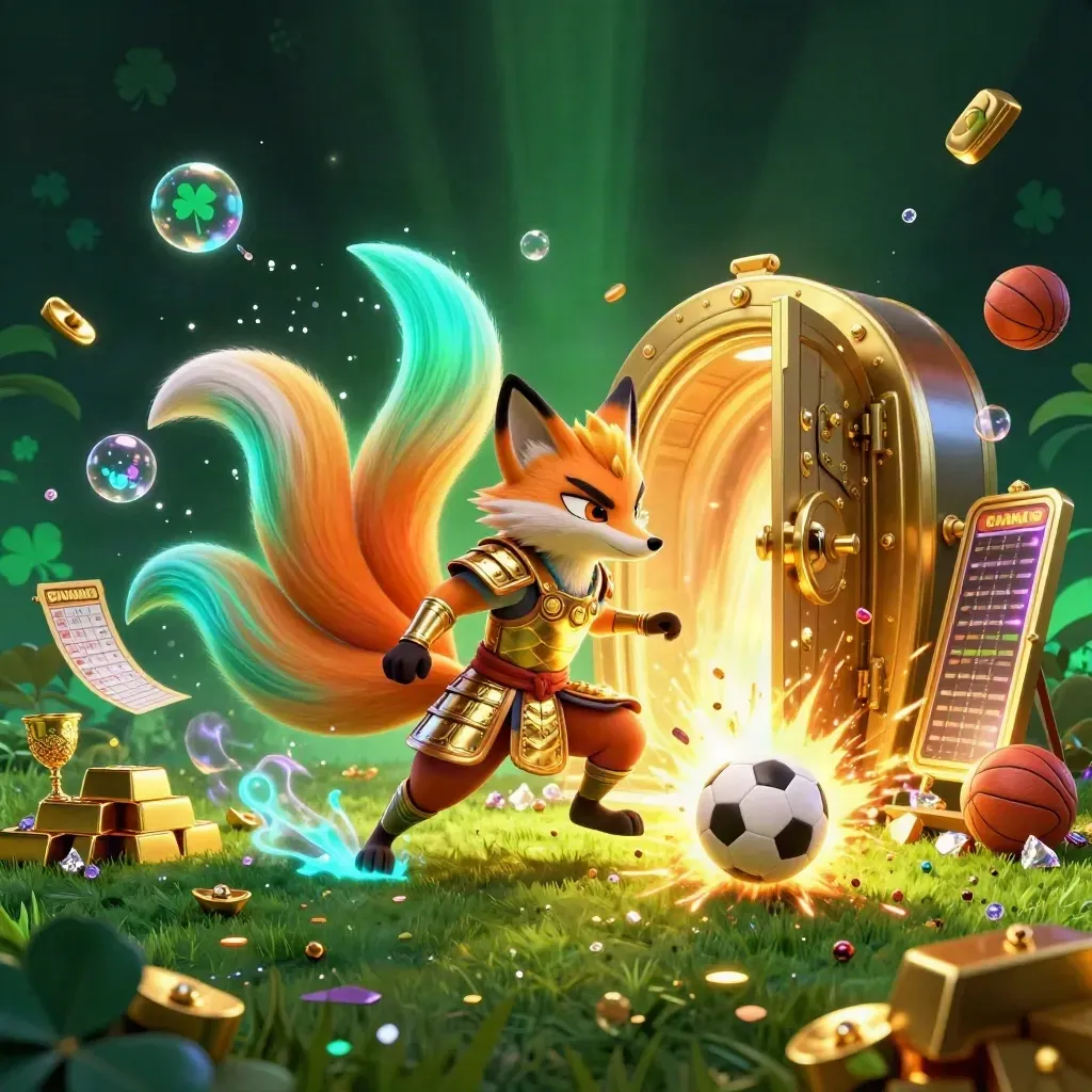 Neon fox spirit and golden mouse with soccer ball, vault door, gold, and glowing casino magic.