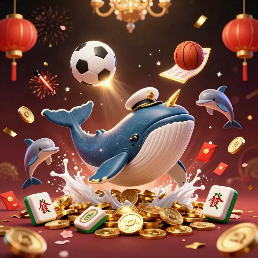 Cartoon whale, narwhal and dolphins amid casino coins, fireworks and flying soccer and basketballs