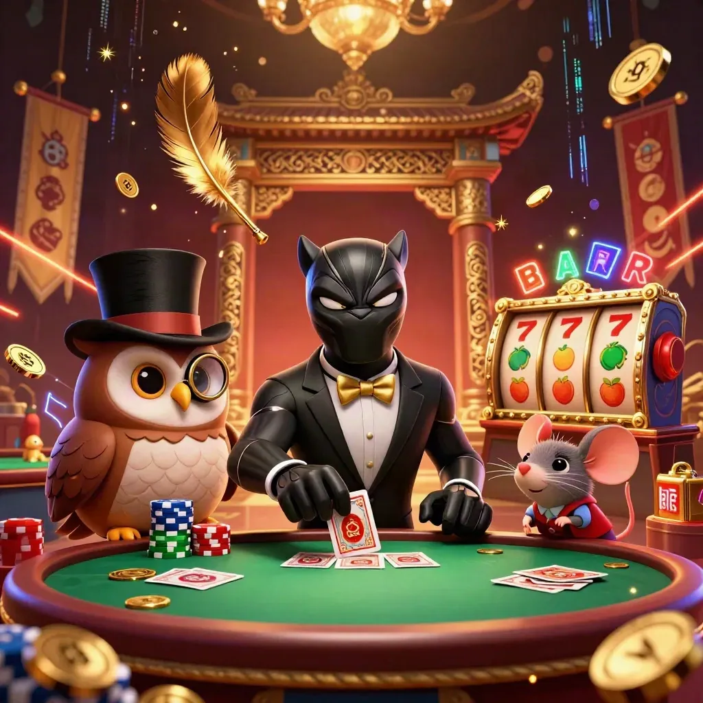 Panther dealer, owl, and mouse in a luxe casino fantasy with gold light and slot symbols