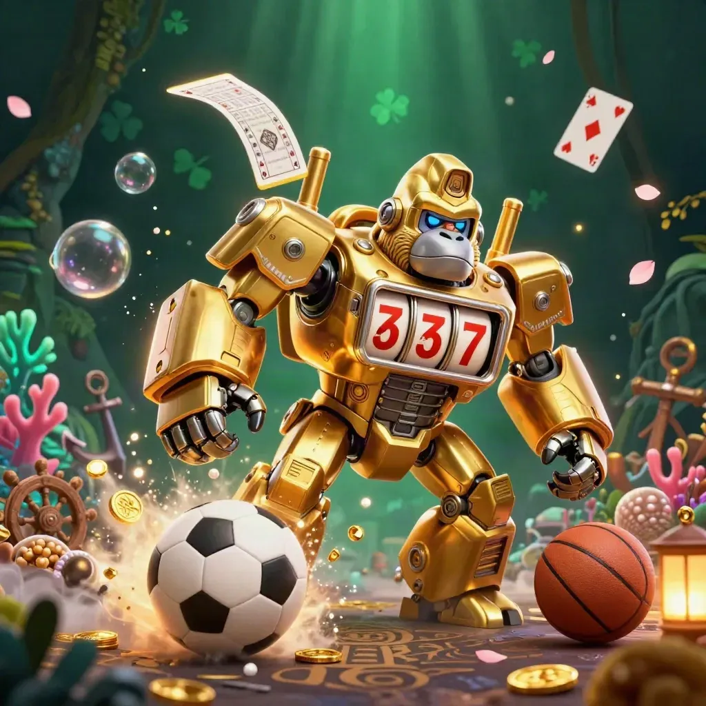 Golden gorilla slot mech amid coin spray, with soccer ball, basketball, and jungle casino glow.