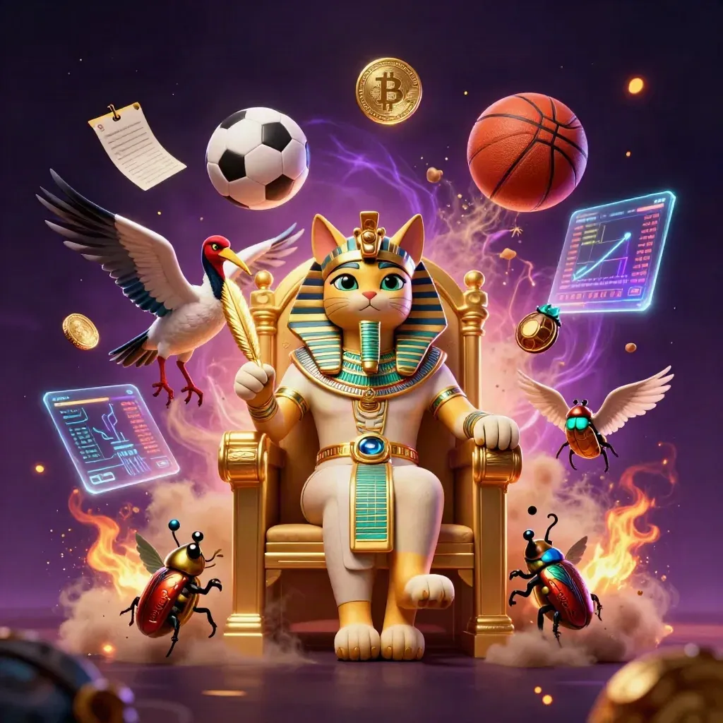 Pharaoh cat on golden throne with ibis, scarabs, coins, balls and neon casino energy