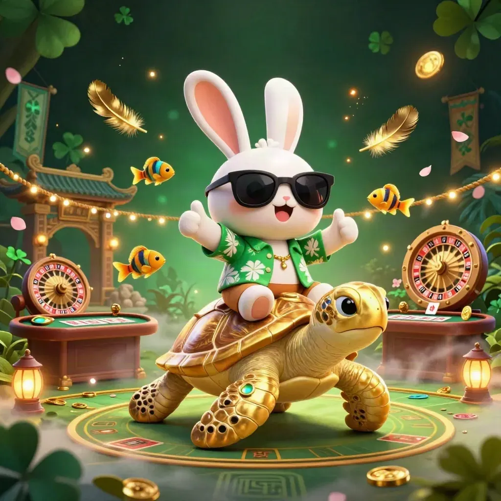 Lucky rabbit rides a gem turtle through a luxe casino scene with cards, coins, and glowing light.