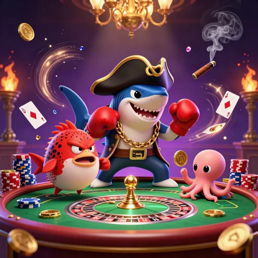 Pirate shark, boxing pufferfish, and coin-juggling octopus amid casino lights and roulette flair