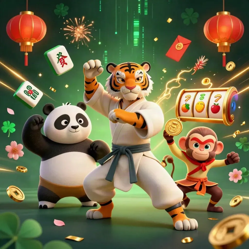 Kung-fu tiger, panda, and monkey burst with casino treasures in a luxe emerald jungle scene.