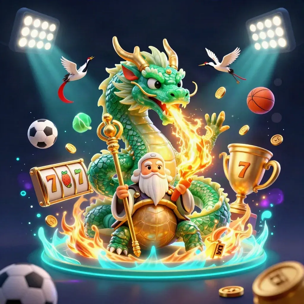 Jade dragon, turtle sage, cranes, and casino sports icons explode in cyan-lit key art