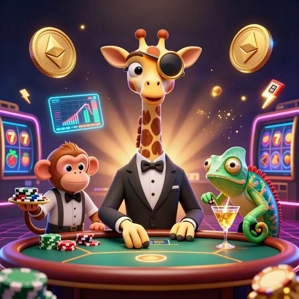 Luxury jungle-casino trio with giraffe, monkey valet, and chameleon amid gold coins and neon tech.