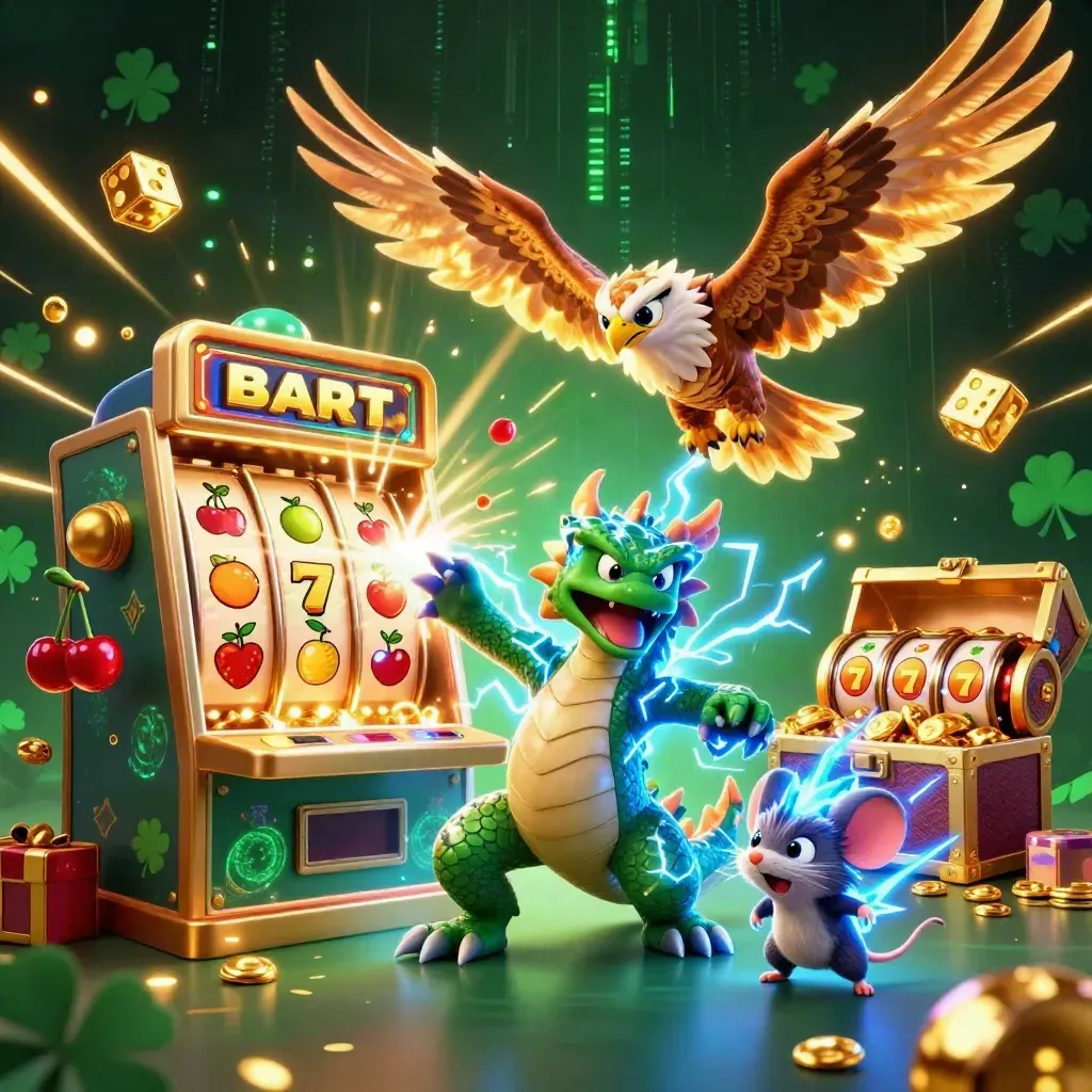 Thunder dragon, wind hawk, and static mouse burst around a glowing slot machine and gold treasure.