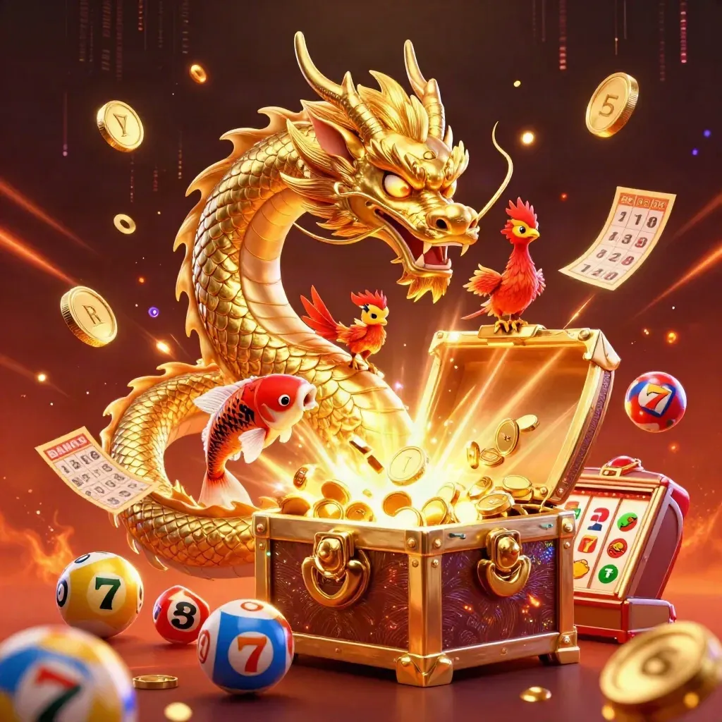 Golden dragon with phoenix, koi and casino loot bursting from a chest in fiery casino lights