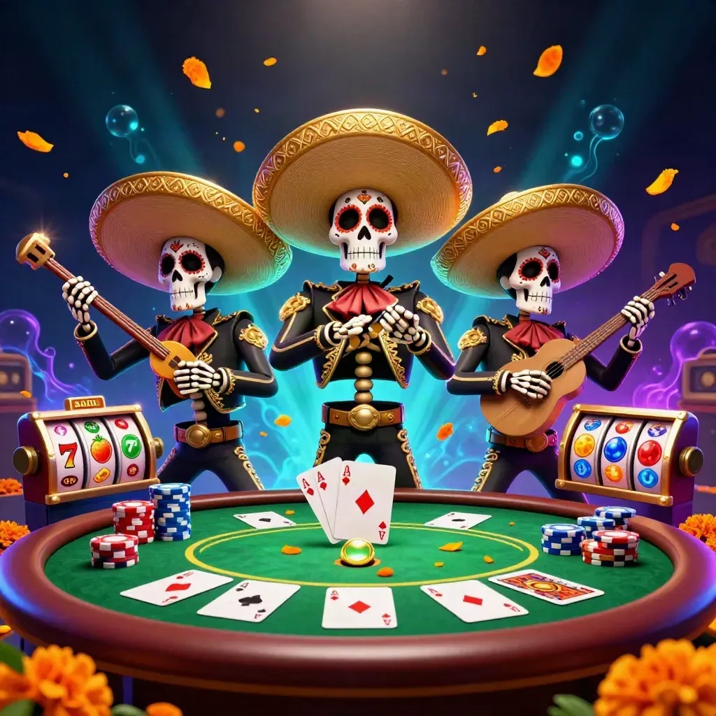 Skeleton mariachi trio amid poker chips, slot symbols, cyan glow and treasure burst