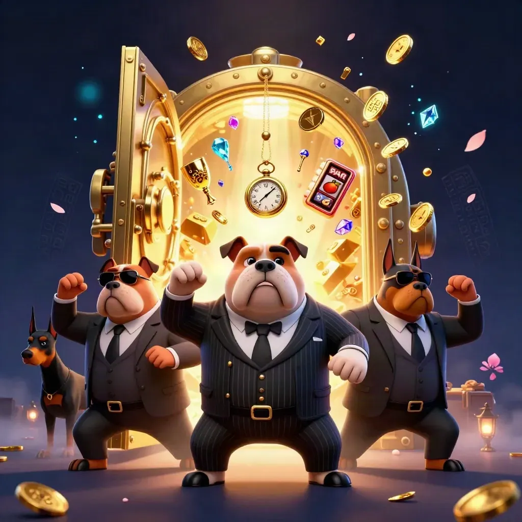 Bulldog boss and Doberman guards amid vault explosion, coins, gems, and casino magic.