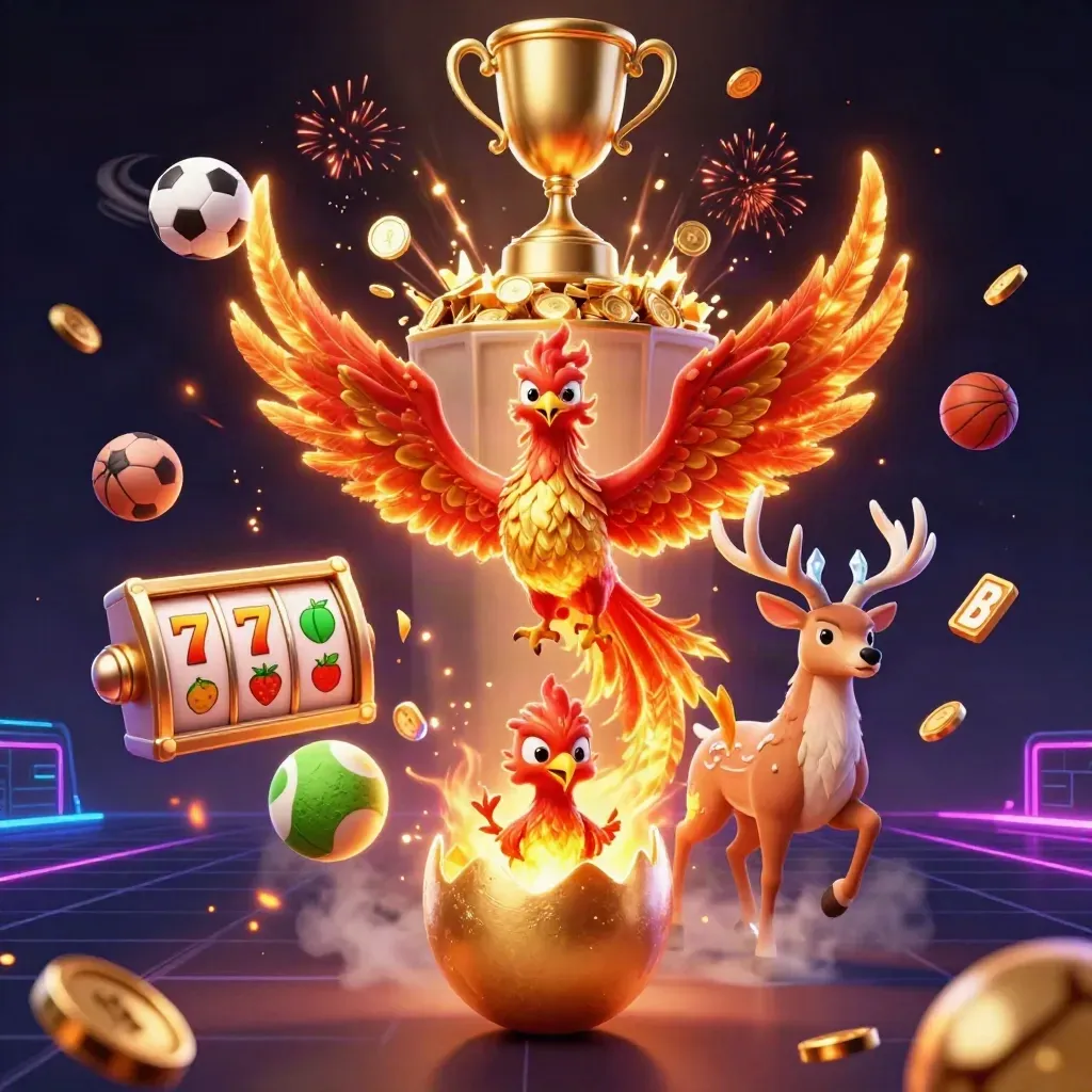 Phoenix, stag, and hatchling amid vault coins, sports balls, slot symbols, and luxe casino fireworks.
