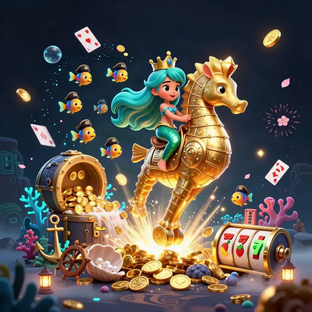 Mermaid princess on a golden seahorse amid treasure coins, fish pirates, coral, reels, and glowing effects.