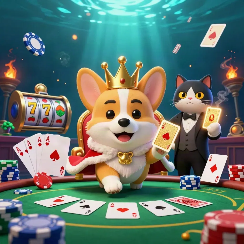 Royal corgi king and cat butler amid poker chips, slots, and glowing casino effects.