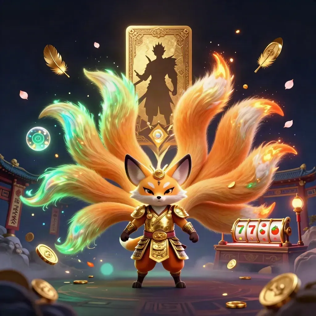 Nine-tailed fox spirit and samurai mouse amid reels, coins, petals, and temple gates.