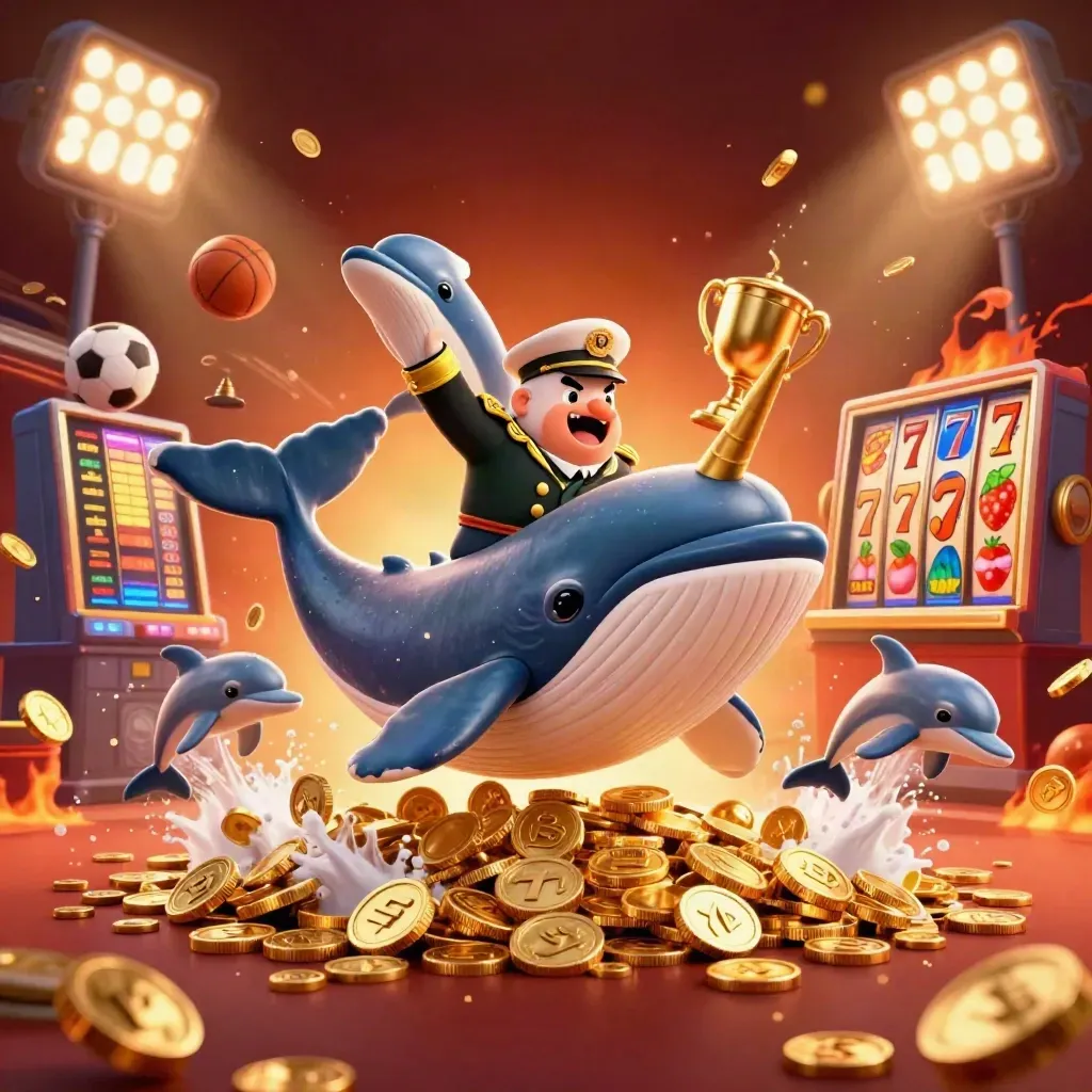 Whale captain, narwhal, and dolphins burst through coins with casino symbols and lights.