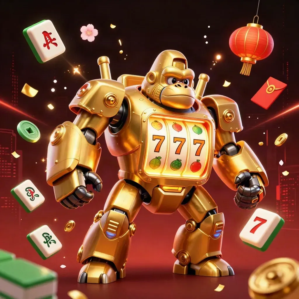 Golden gorilla mech with tiny monkey pilot amid casino symbols and neon energy.