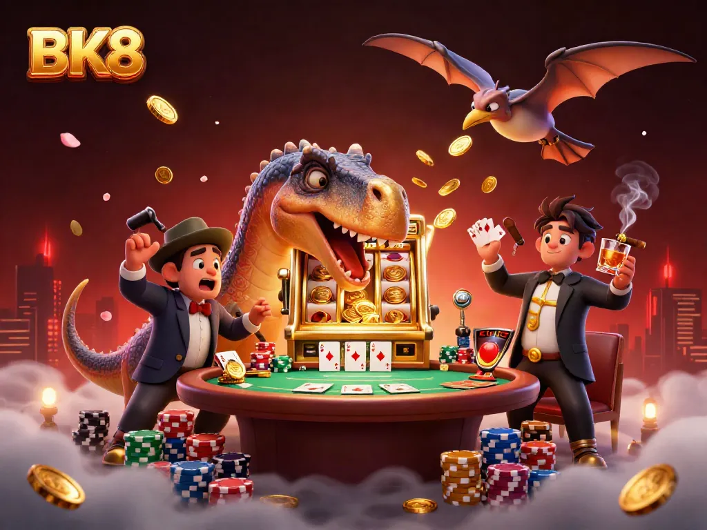 Experience BK8's thrilling jackpot with our dynamic 3D casino illustration featuring cartoon characters interacting with lively gambling elements.