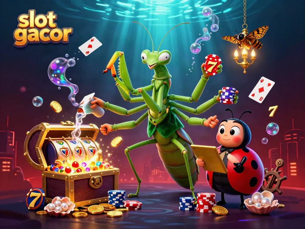 Winning strategies showcased with a giant praying mantis dealing slot games in a vibrant casino scene, featuring slot gacor elements.