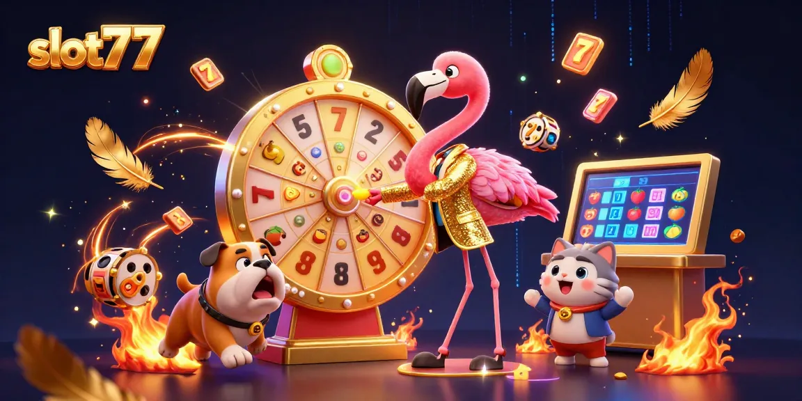 Experience excitement with slot777 as a flamingo host spins a golden prize wheel alongside excited contestants.