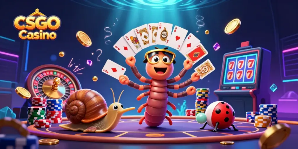 Experience the excitement of a CSGO Casino with a dynamic illustration featuring a millipede dealer and high-rolling characters.