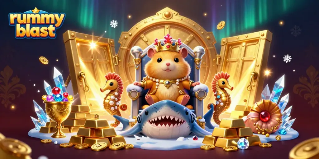 Engage in strategic rummy blast gameplay as the golden hamster king reigns over treasures in a magical realm.