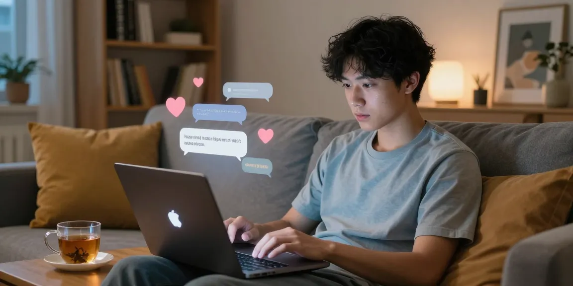 Engaging user with nsfw ai companion on sleek laptop, cozy atmosphere