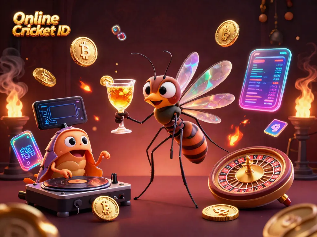 Engage in thrilling cricket betting with an Online Cricket ID, featuring vibrant 3D characters and dynamic casino elements.