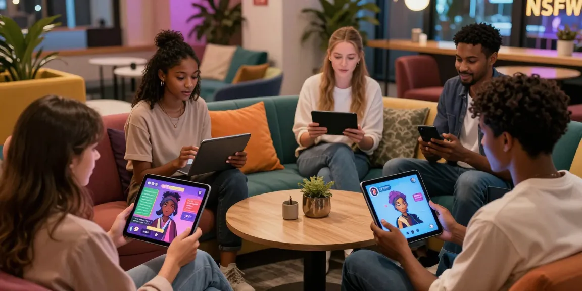 Interactive NSFW AI chat scene showcasing diverse users engaged in lively character interactions, enhancing the ai chat nsfw experience.