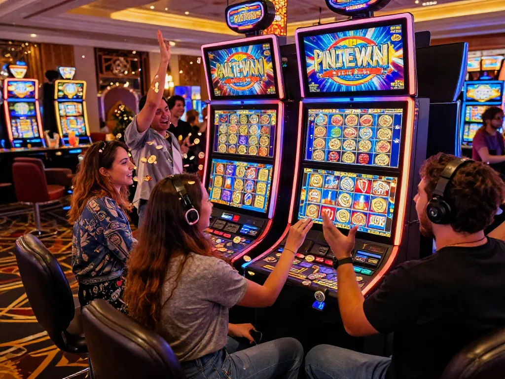 Exciting Lucky777 casino scene with players celebrating a win at vibrant slot machines amidst colorful lights.