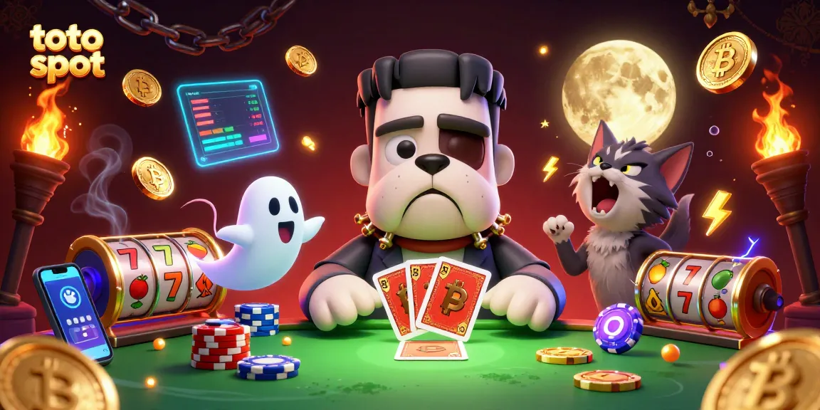 Experience thrilling action with toto slot as a Frankenstein bulldog deals cards at a spooky table.