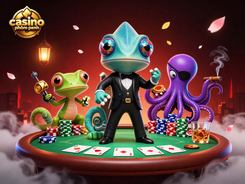 Engage in thrilling action at casino phnom penh featuring colorful poker elements and unique characters.