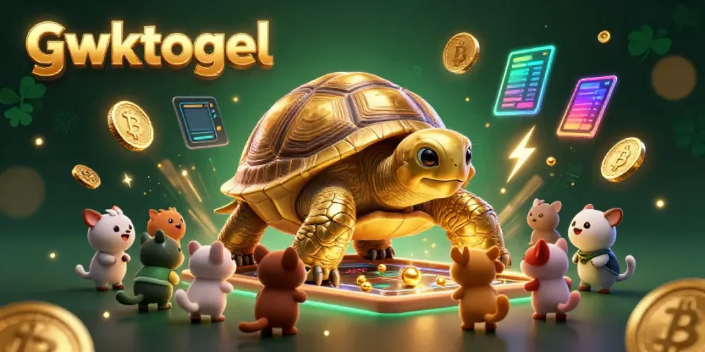 GWKTOGEL menyajikan gambar tortoise emas 3D dengan elemen perjudian menarik dan interaksi hewan sabar menunggu giliran.