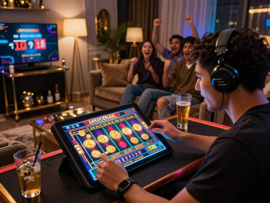 Excited player enjoying slot gacor game in stylish home setup.