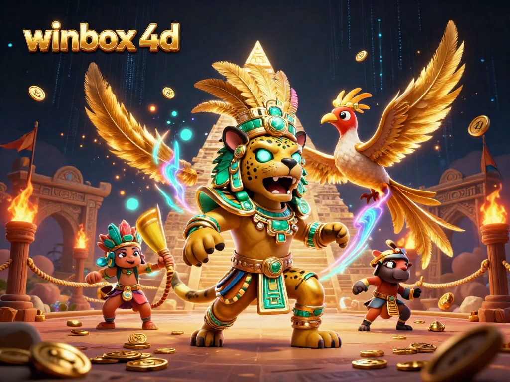 Winbox 4D: Experience thrilling gaming action with vibrant cartoon characters and dynamic casino elements.