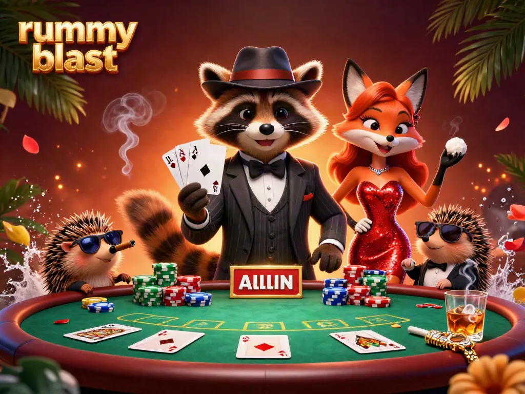 Experience the excitement of rummy blast with engaging characters and vibrant poker elements