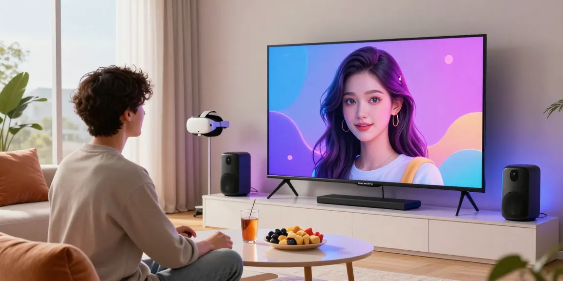 Engaging with AI GF in a cozy modern living room.