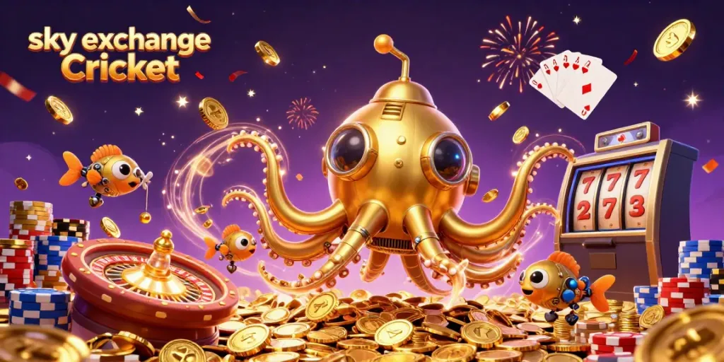 Engage in sky exchange Cricket betting with a dynamic illustration of a golden kraken-like submarine amidst coins and casino elements.