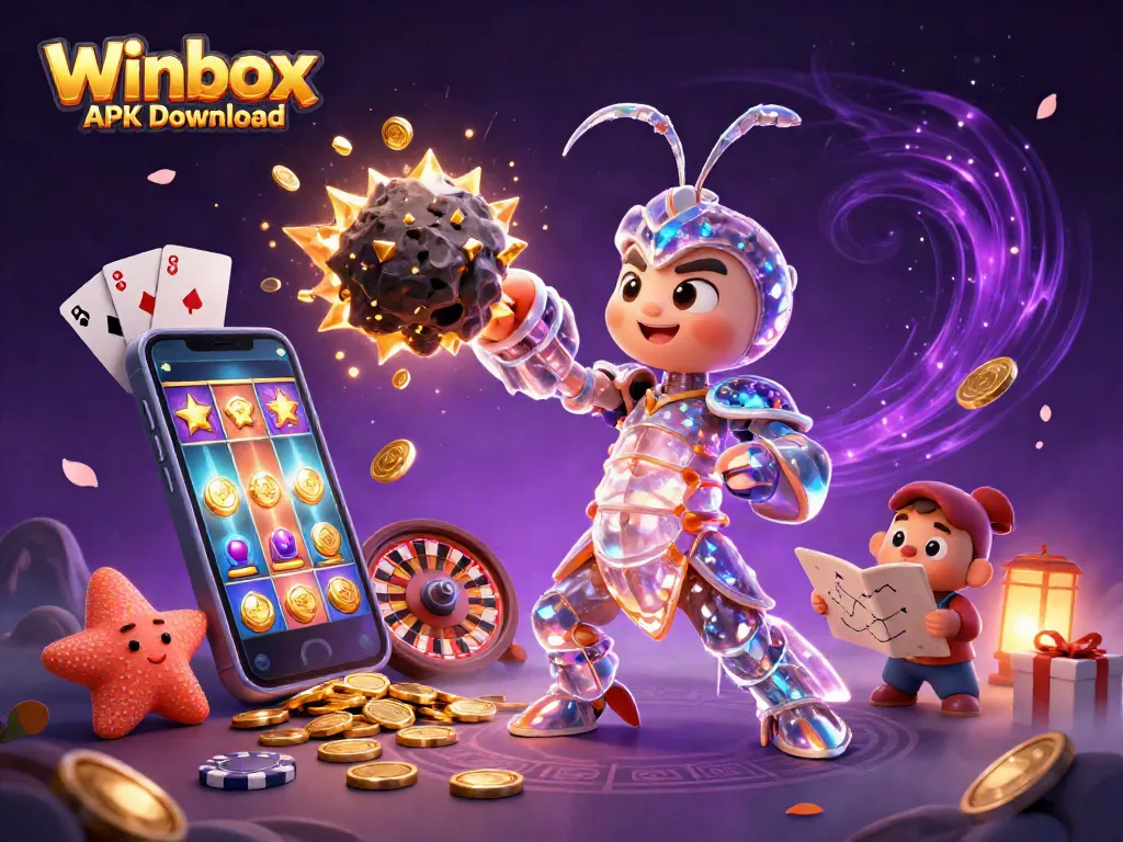 Experience the thrill of Winbox APK Download with a dynamic 3D scene of gaming excitement, golden coins, and vibrant characters.