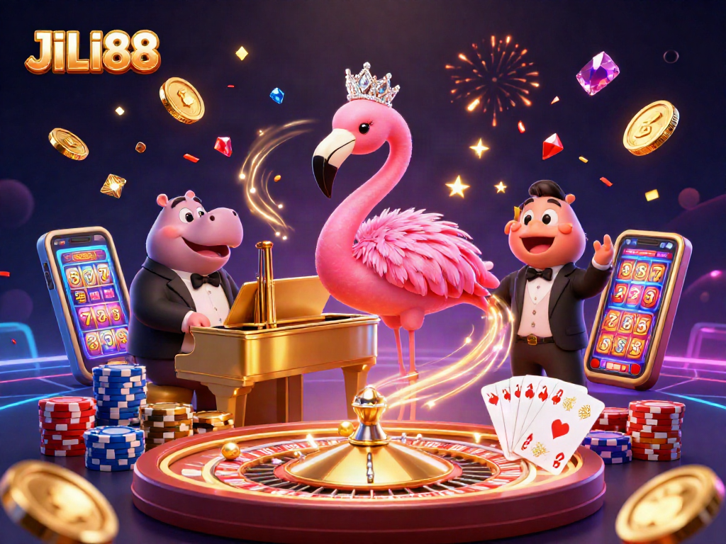 Experience winning moments with JILI88's vibrant casino illustration showcasing a flamingo singer and hippo bassist.
