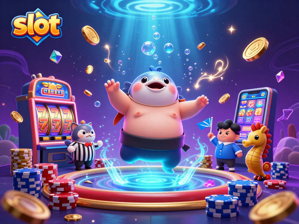 Experience thrilling slot action with a vibrant underwater casino scene featuring a fugu, catfish referee, and seahorse spectators.