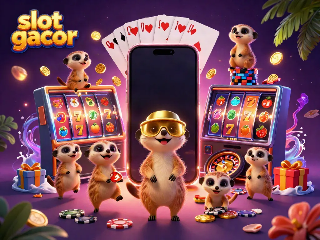 Slot gacor kartun koloni meerkat dalam ilustrasi kasino yang elaborat, menampilkan permainan slot.