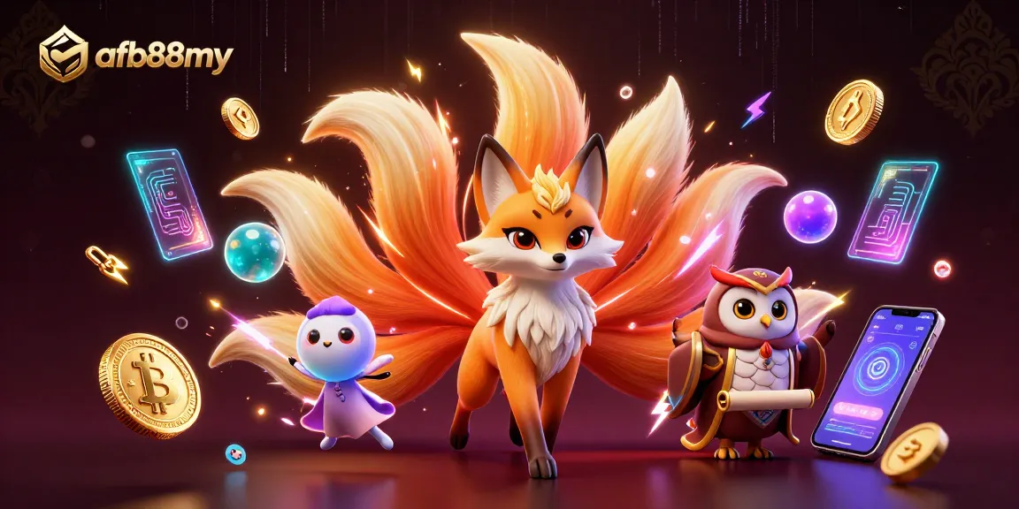 Engage with afb88my's colorful 3D casino scene featuring a nine-tailed fox and owl with crypto elements.